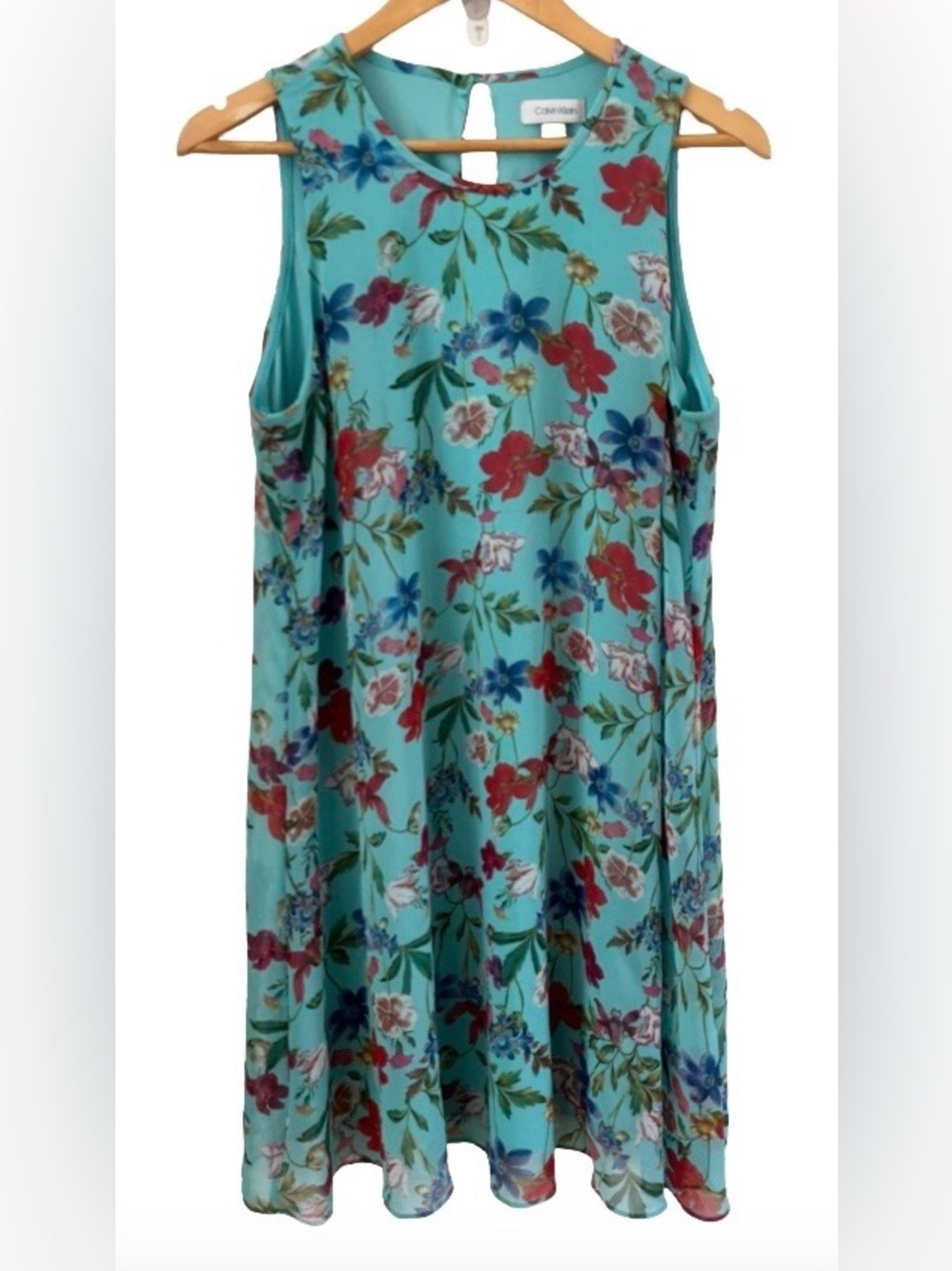 Calvin Klein teal & multi flrl lined drss SZ 10 pastel garden party feminine